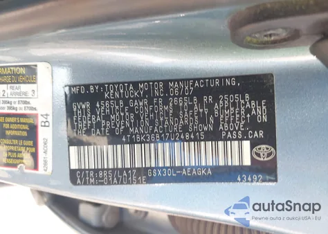 2007 Toyota Avalon Xls from USA, damaged, VIN 4T1BK36B17U248415